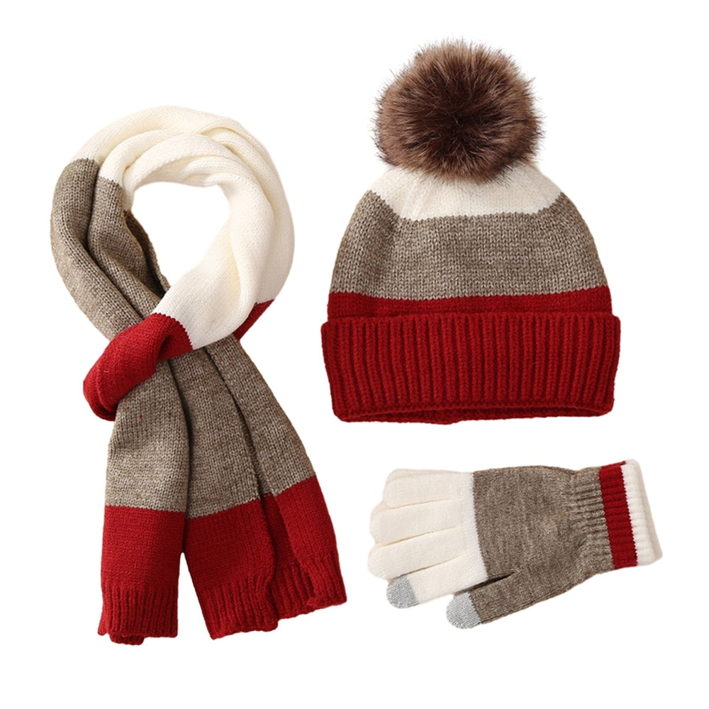 3Pcs/Set Kids Winter Hat Gloves Scarf Set Plush Ball Decor Striped Print Thickened Fleece Lining Image 2
