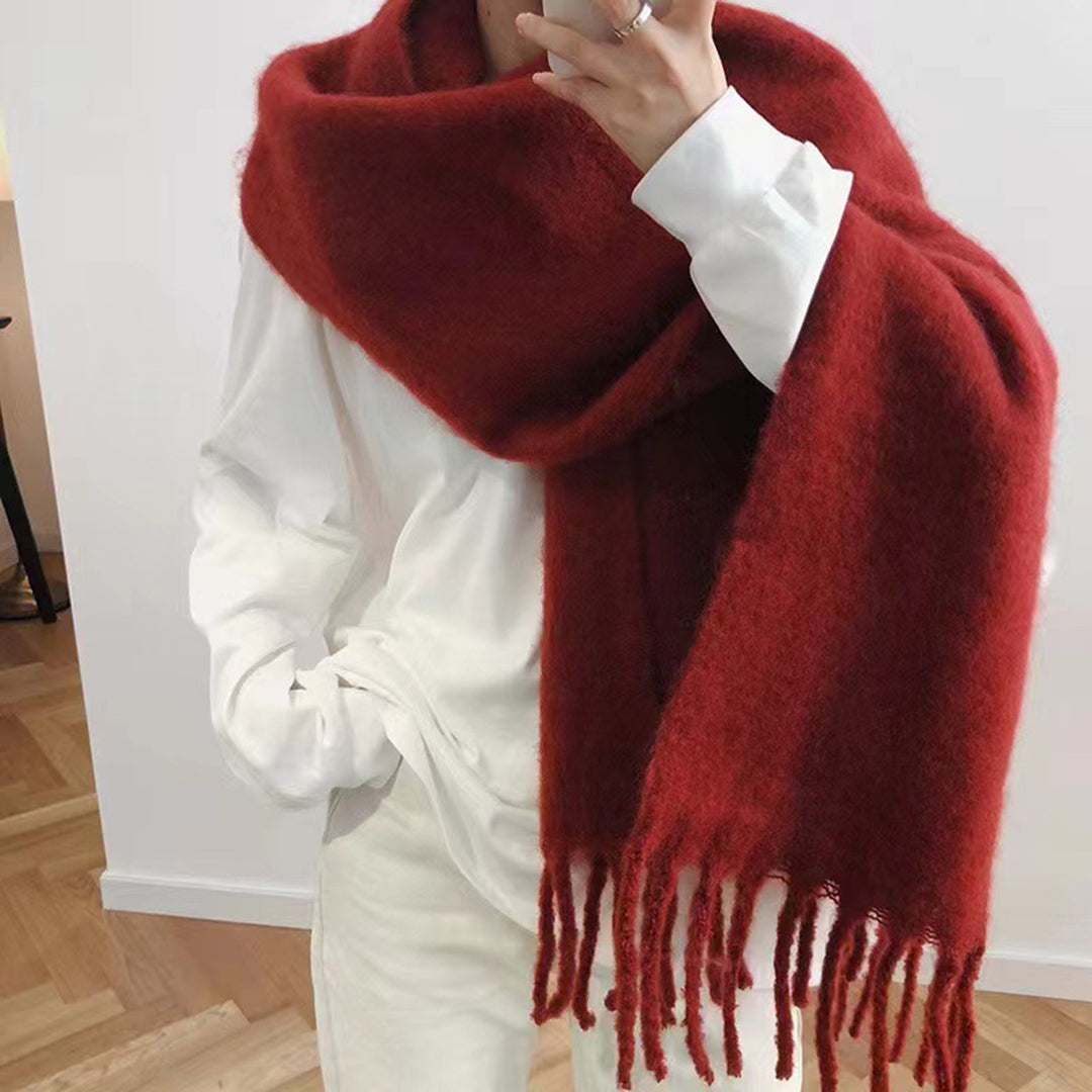 Women Winter Scarf Wide Long Tassel Solid Color Fake Cashmere Soft Warm Cozy Neck Protection Image 11