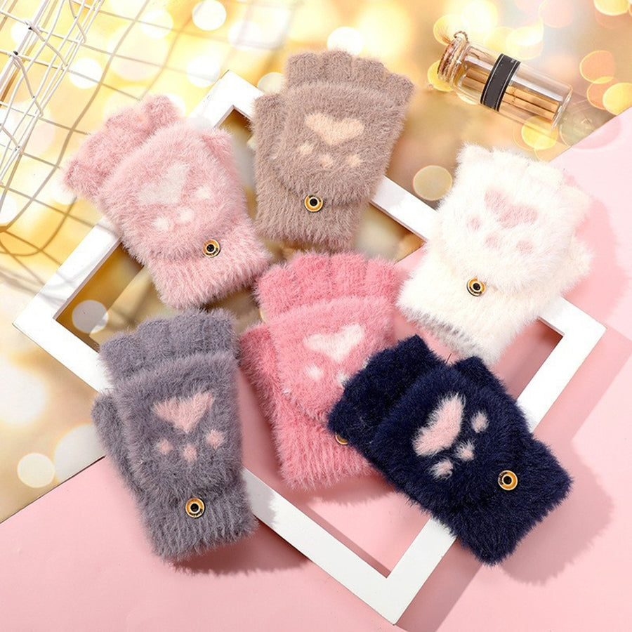 1 Pair Women Winter Gloves Cute Cat Paw Shape Soft Thick Plush Elastic Flip-finger Knitted Five Image 1