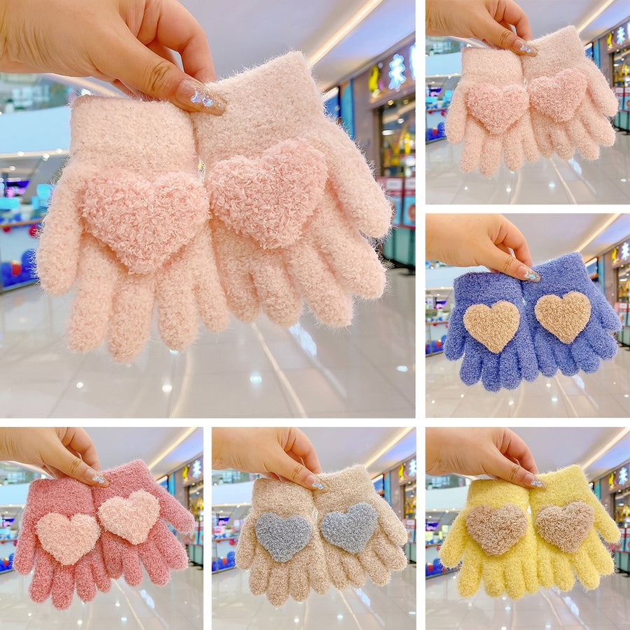 1 Pair Autumn Winter Patchwork Color Kids Gloves Heart Splicing Knitting Gloves Thickened Children Baby Full Finger Image 1