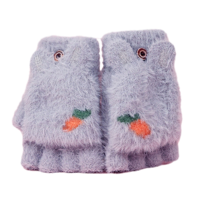 1 Pair Children Students Winter Writing Gloves Cozy Faux Mink Hair Half Finger Cover Cartoon Rabbit Shape Knitted Warm Image 3