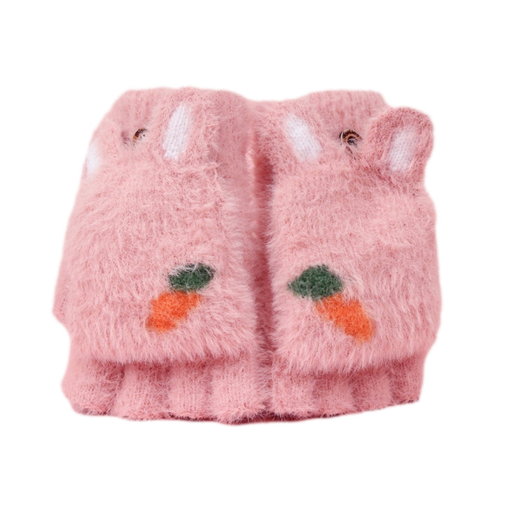 1 Pair Children Students Winter Writing Gloves Cozy Faux Mink Hair Half Finger Cover Cartoon Rabbit Shape Knitted Warm Image 4