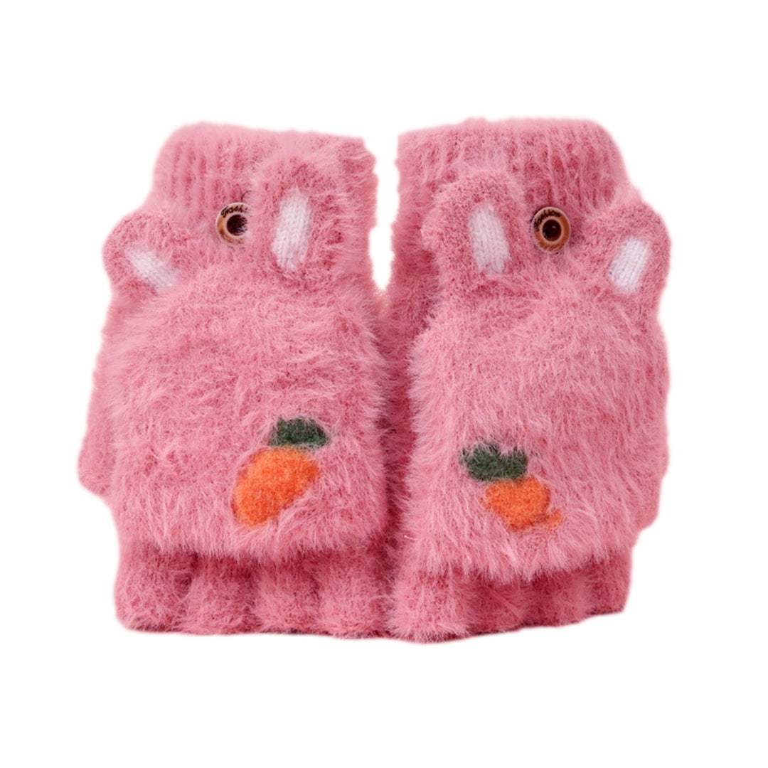 1 Pair Children Students Winter Writing Gloves Cozy Faux Mink Hair Half Finger Cover Cartoon Rabbit Shape Knitted Warm Image 8