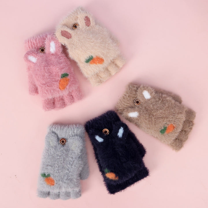 1 Pair Children Students Winter Writing Gloves Cozy Faux Mink Hair Half Finger Cover Cartoon Rabbit Shape Knitted Warm Image 9
