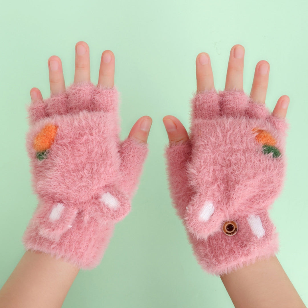 1 Pair Children Students Winter Writing Gloves Cozy Faux Mink Hair Half Finger Cover Cartoon Rabbit Shape Knitted Warm Image 10