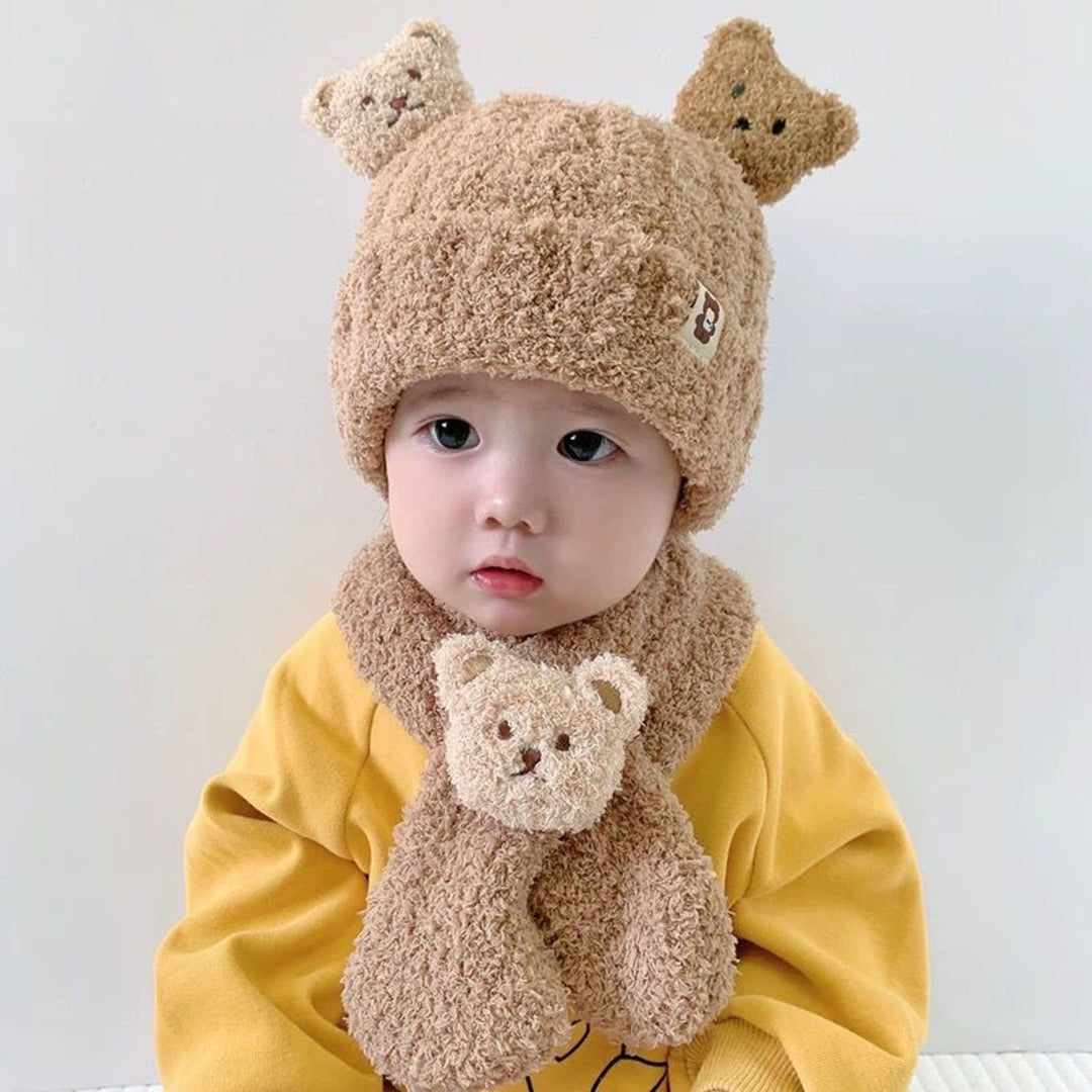 1 Set Baby Winter Hat Scarf Set Cartoon Bear Decor Thick Soft Plush Cold Resistant Knitted Unisex Neck Wrap Kids Winter Image 7