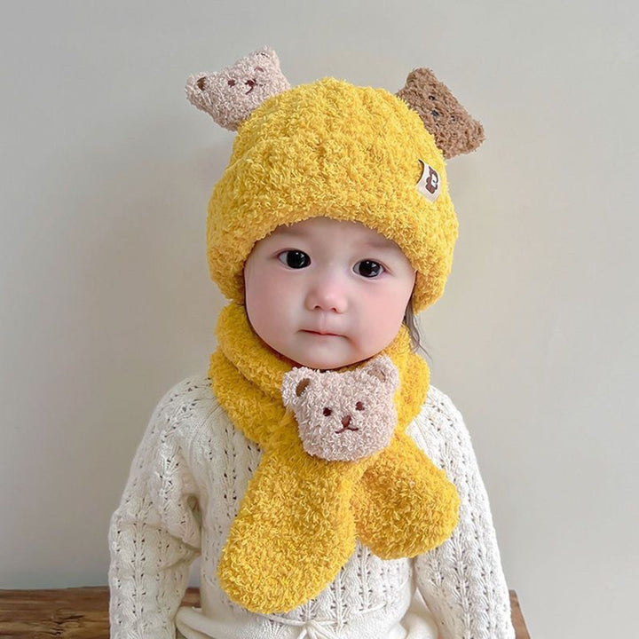 1 Set Baby Winter Hat Scarf Set Cartoon Bear Decor Thick Soft Plush Cold Resistant Knitted Unisex Neck Wrap Kids Winter Image 8