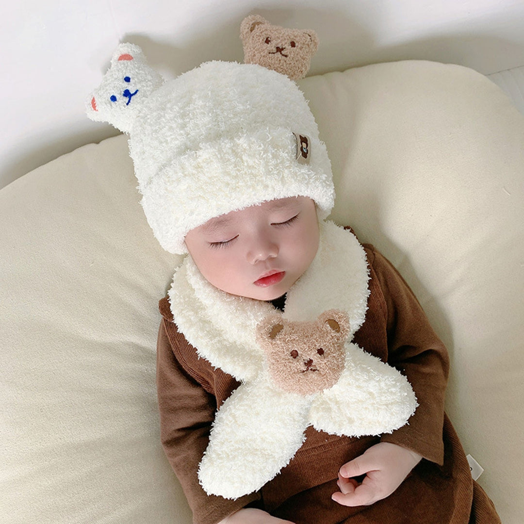 1 Set Baby Winter Hat Scarf Set Cartoon Bear Decor Thick Soft Plush Cold Resistant Knitted Unisex Neck Wrap Kids Winter Image 9