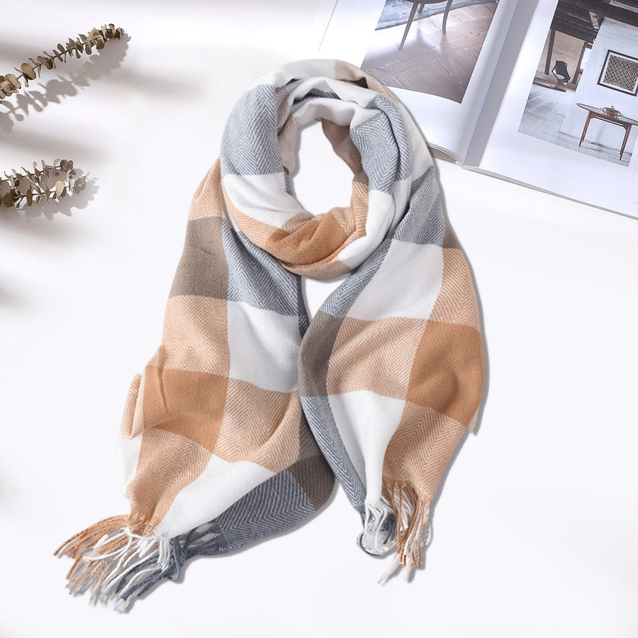 Women Winter Scarf Double-sided Plush Tassel Color Matching Wide Long Thick Windproof Decorative Image 1