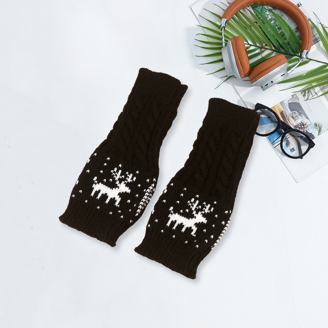 1 Pair Winter Typing Gloves Knitted Half Fingers Elastic Elk Printed Color Matching Anti-slip Wrist Image 4