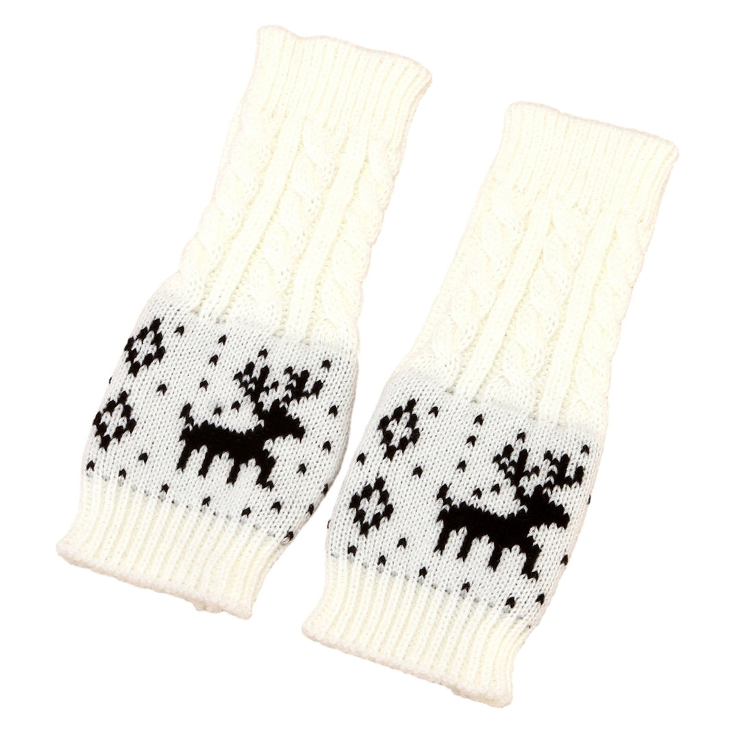 1 Pair Winter Typing Gloves Knitted Half Fingers Elastic Elk Printed Color Matching Anti-slip Wrist Image 4
