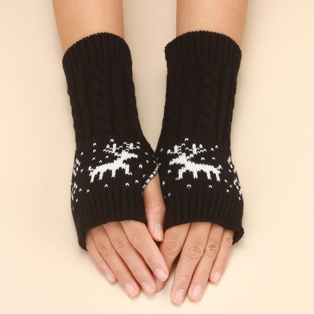 1 Pair Winter Typing Gloves Knitted Half Fingers Elastic Elk Printed Color Matching Anti-slip Wrist Image 7