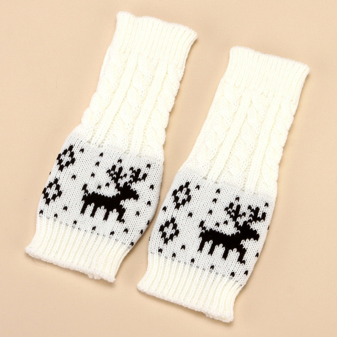 1 Pair Winter Typing Gloves Knitted Half Fingers Elastic Elk Printed Color Matching Anti-slip Wrist Image 9
