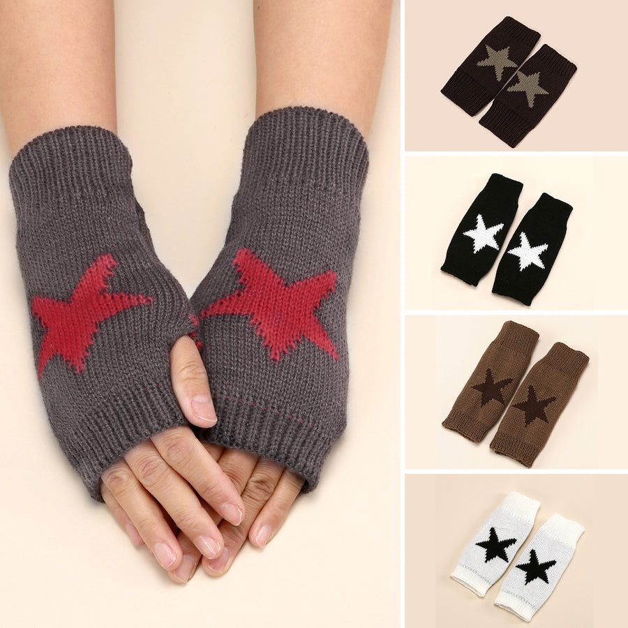 1 Pair Winter Typing Gloves Knitted Half Fingers Elastic Star Printed Color Matching Anti-slip Wrist Image 1