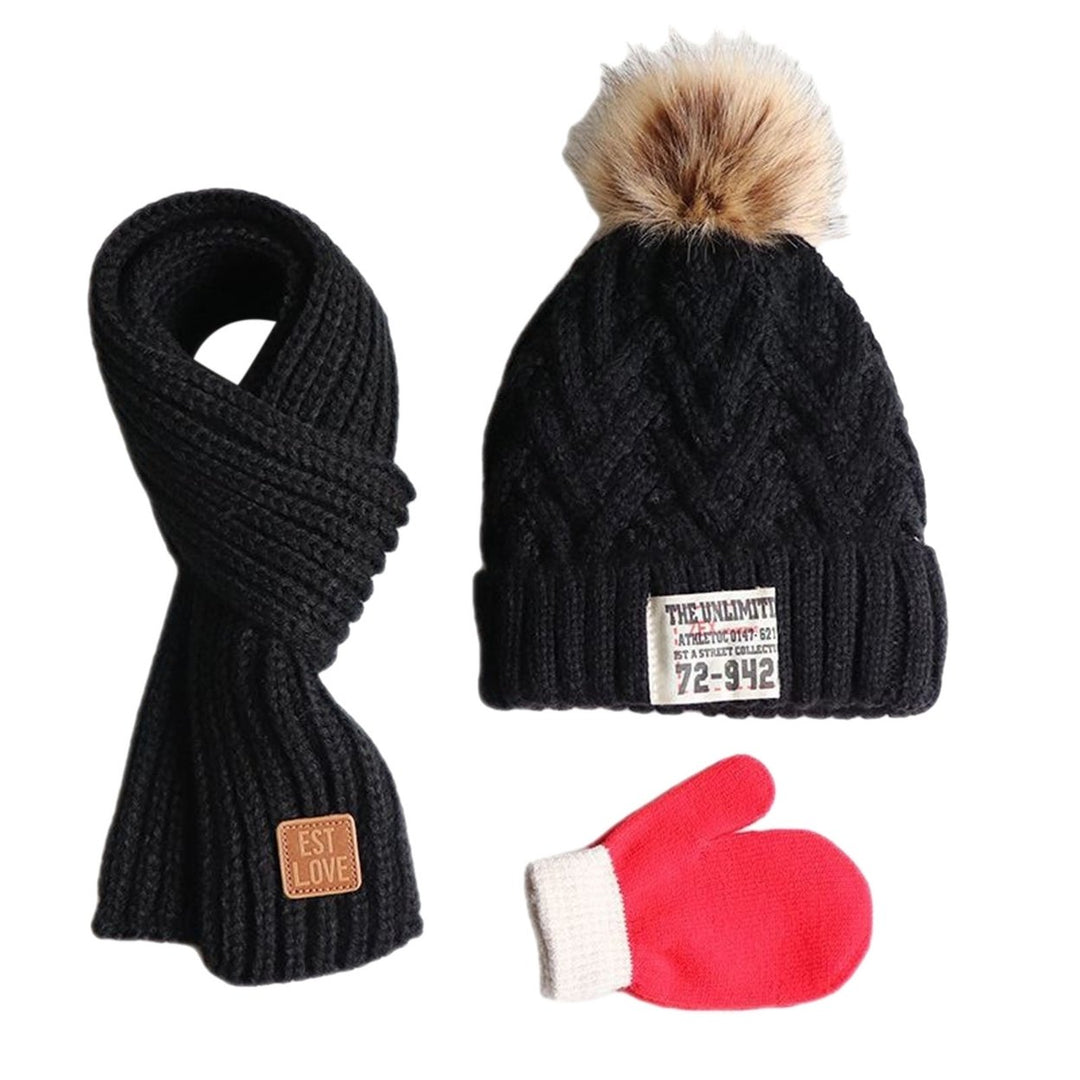 3Pcs/Set Winter Beanie Hat Scarf Gloves Set Children Solid Color Plush Ball Decor Hat Mittens Logo Decor Scarf Set Image 1