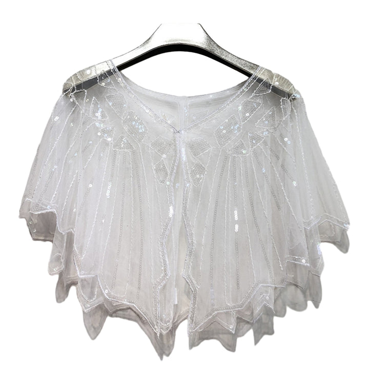 Women Prom Shawl Beaded Sequin Decor See-through Short V Neck Thin Shoulder Decoration Soft Image 3