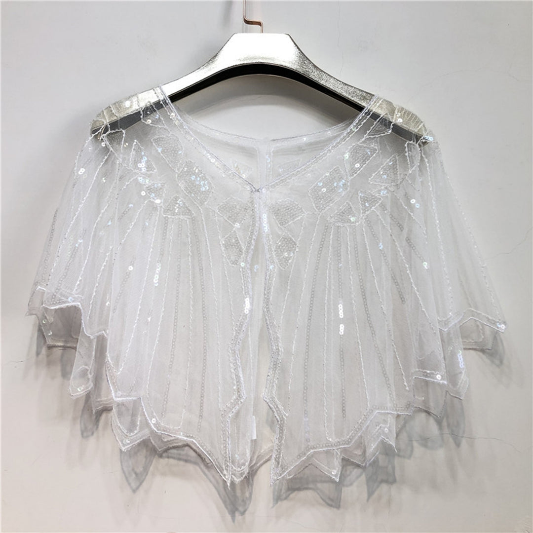 Women Prom Shawl Beaded Sequin Decor See-through Short V Neck Thin Shoulder Decoration Soft Image 9