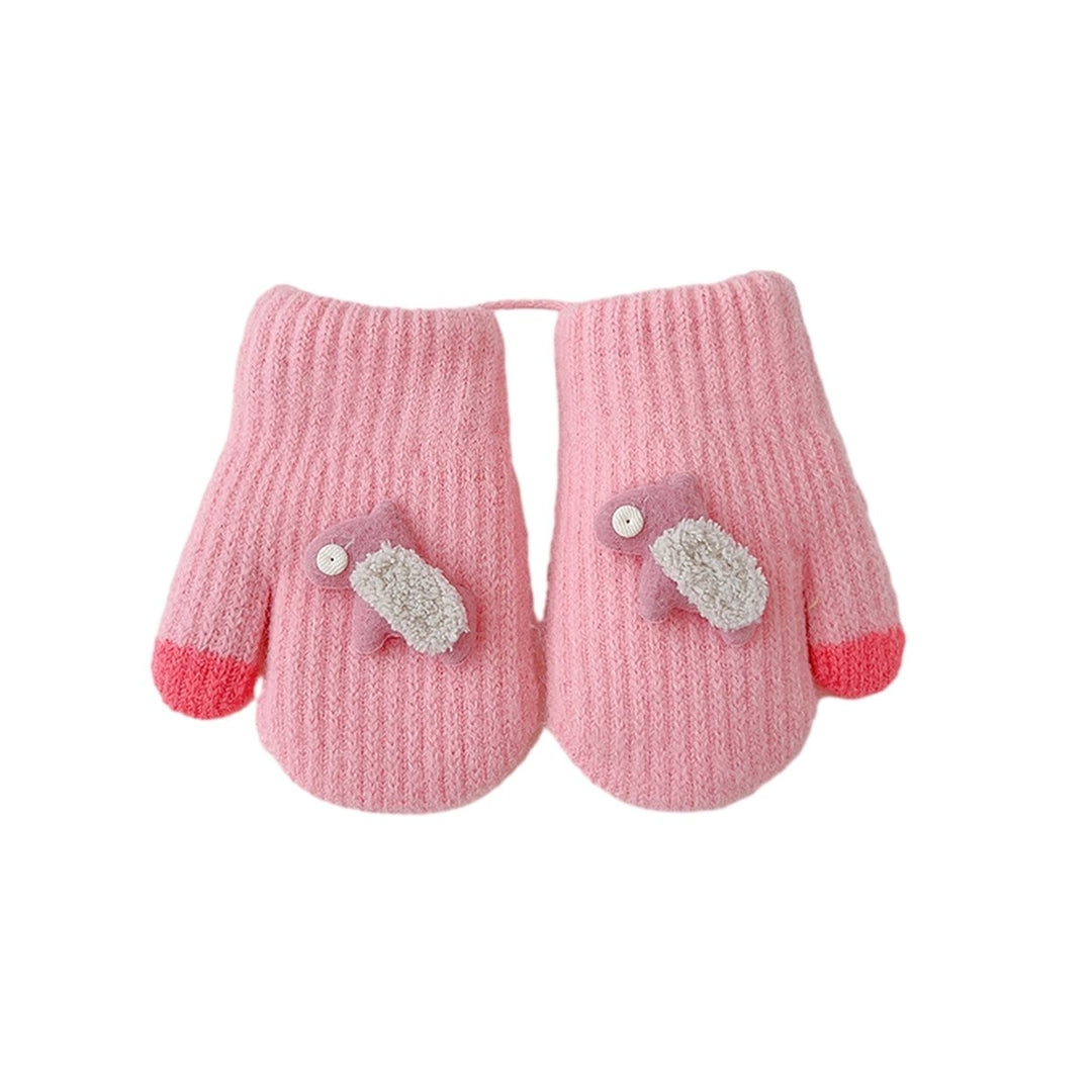 1 Pair Children Gloves Cartoon Decor Color Matching Knitted Thick Warm Neck-hanging Anti-lost Image 1