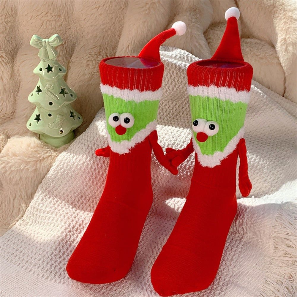 1 Pair Christmas Socks Cartoon Magnet Hand-linking Knitted Color Matching Soft Elastic Anti-slip Image 2