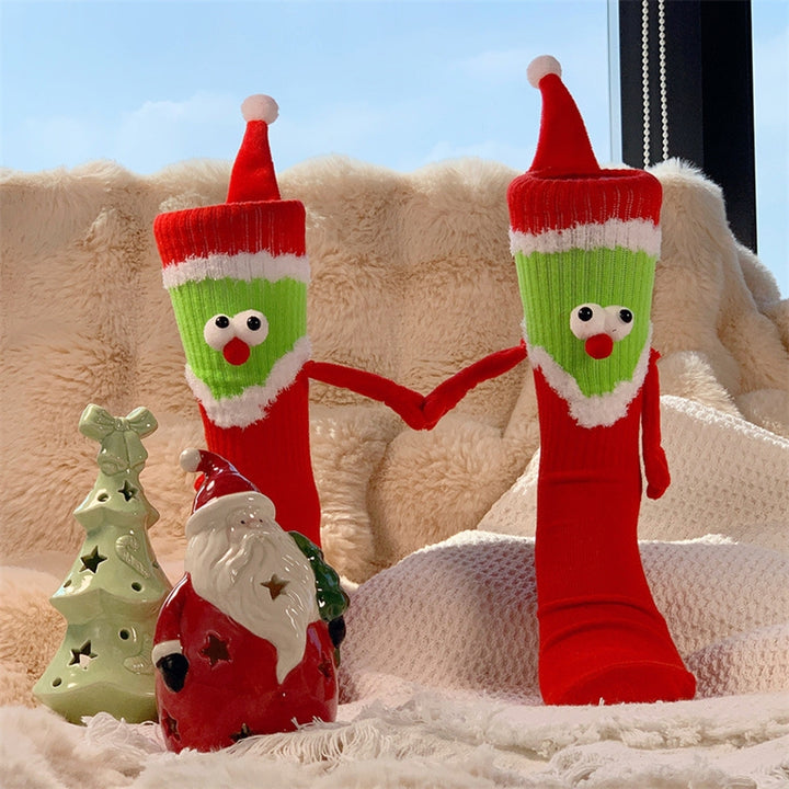 1 Pair Christmas Socks Cartoon Magnet Hand-linking Knitted Color Matching Soft Elastic Anti-slip Image 3
