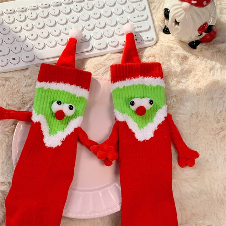 1 Pair Christmas Socks Cartoon Magnet Hand-linking Knitted Color Matching Soft Elastic Anti-slip Image 12