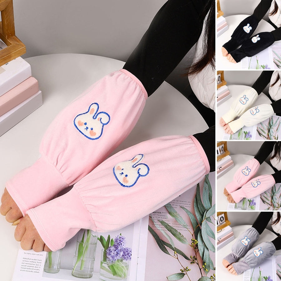 1 Pair Autumn Winter Rabbit Pattern Gloves Oversleeves 2 in 1 Elastic Band Anti-fouling Long Gloves Sleeves Image 1