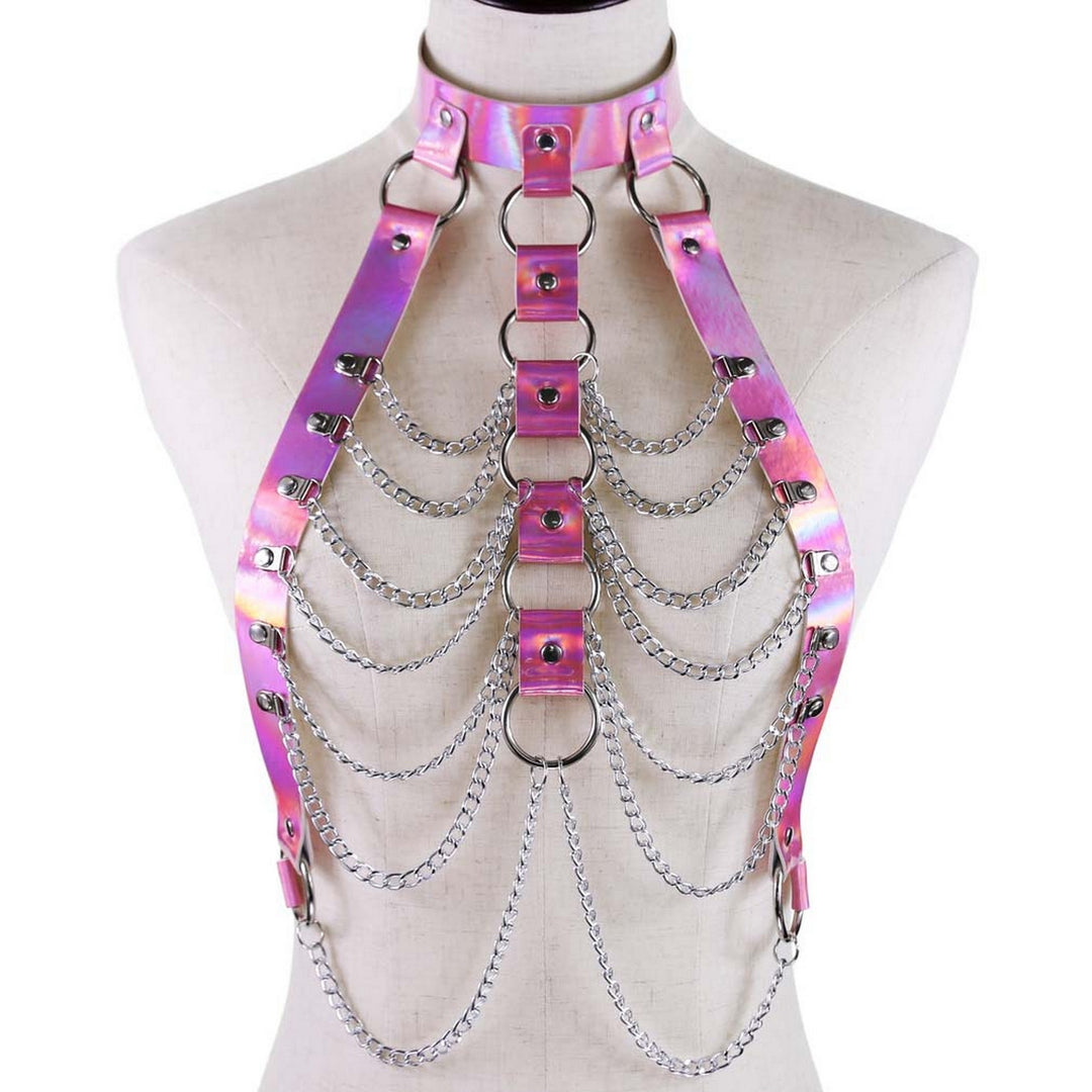 Holographic Faux Leather Body Chain Punk Women Waist Chest Chain Harness Top Body Jewelry Festival Outfit Image 11