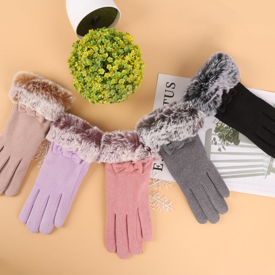 1 Pair Ladies Gloves Faux faux Bow Decor Five Fingers Solid Color Touch Screen Thick Windproof Warm Soft Anti-slip Lady Image 1