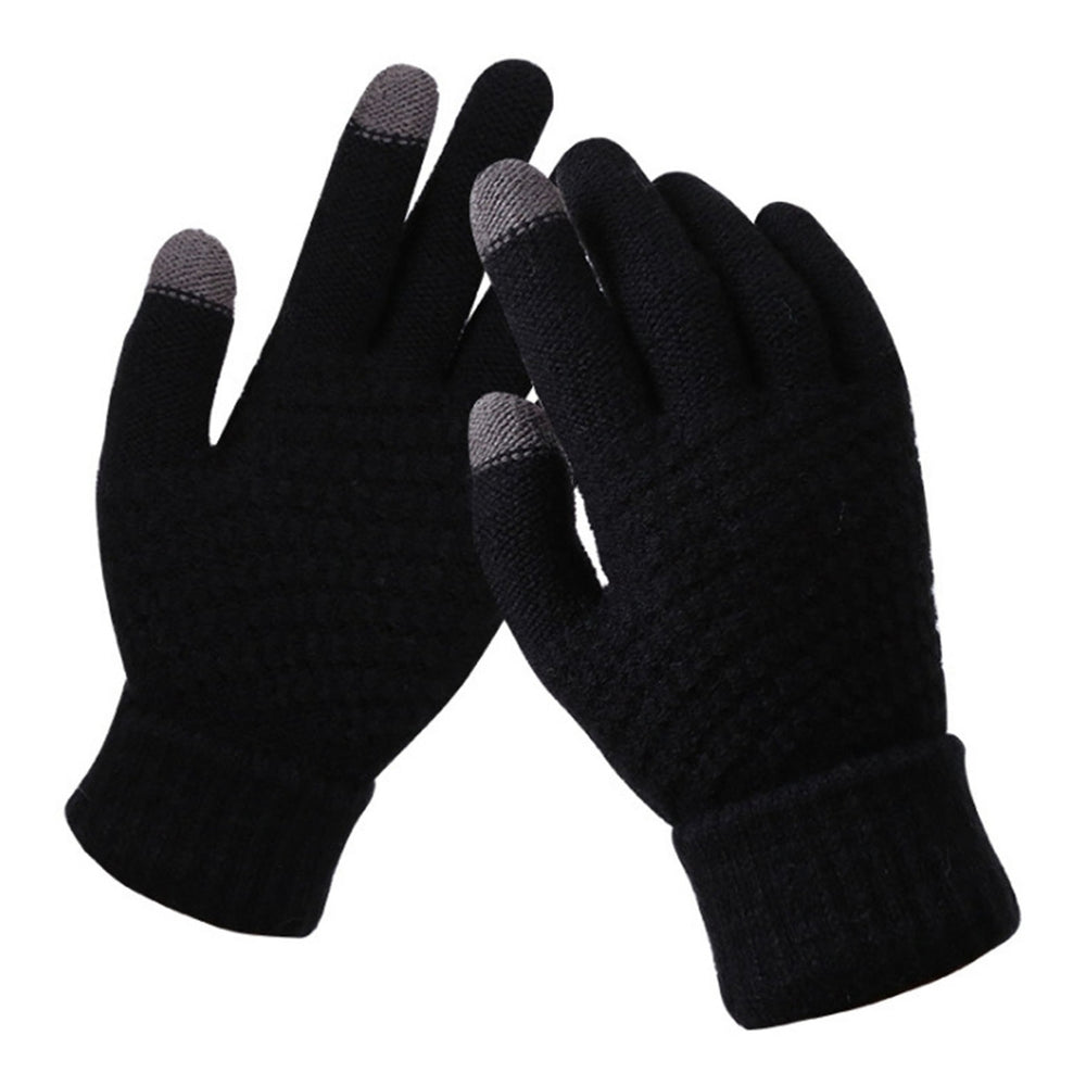 1 Pair Full Fingers Solid Color Knitting Gloves Fleece Lining High Elastic Unisex Touch Screen Thickened Gloves Cycling Image 2