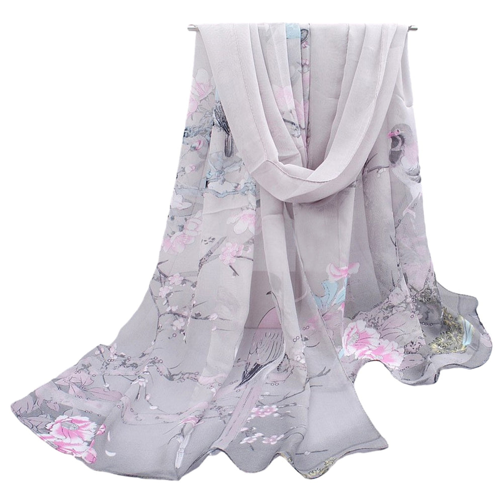 Chic Women Scarf Floral Print Bird Pattern Silky Colorful Wide Sunshade Chiffon Washable Travel Ladies Shawl Clothes Image 2