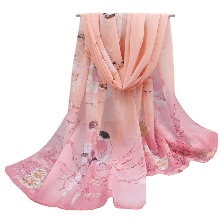 Chic Women Scarf Floral Print Bird Pattern Silky Colorful Wide Sunshade Chiffon Washable Travel Ladies Shawl Clothes Image 4