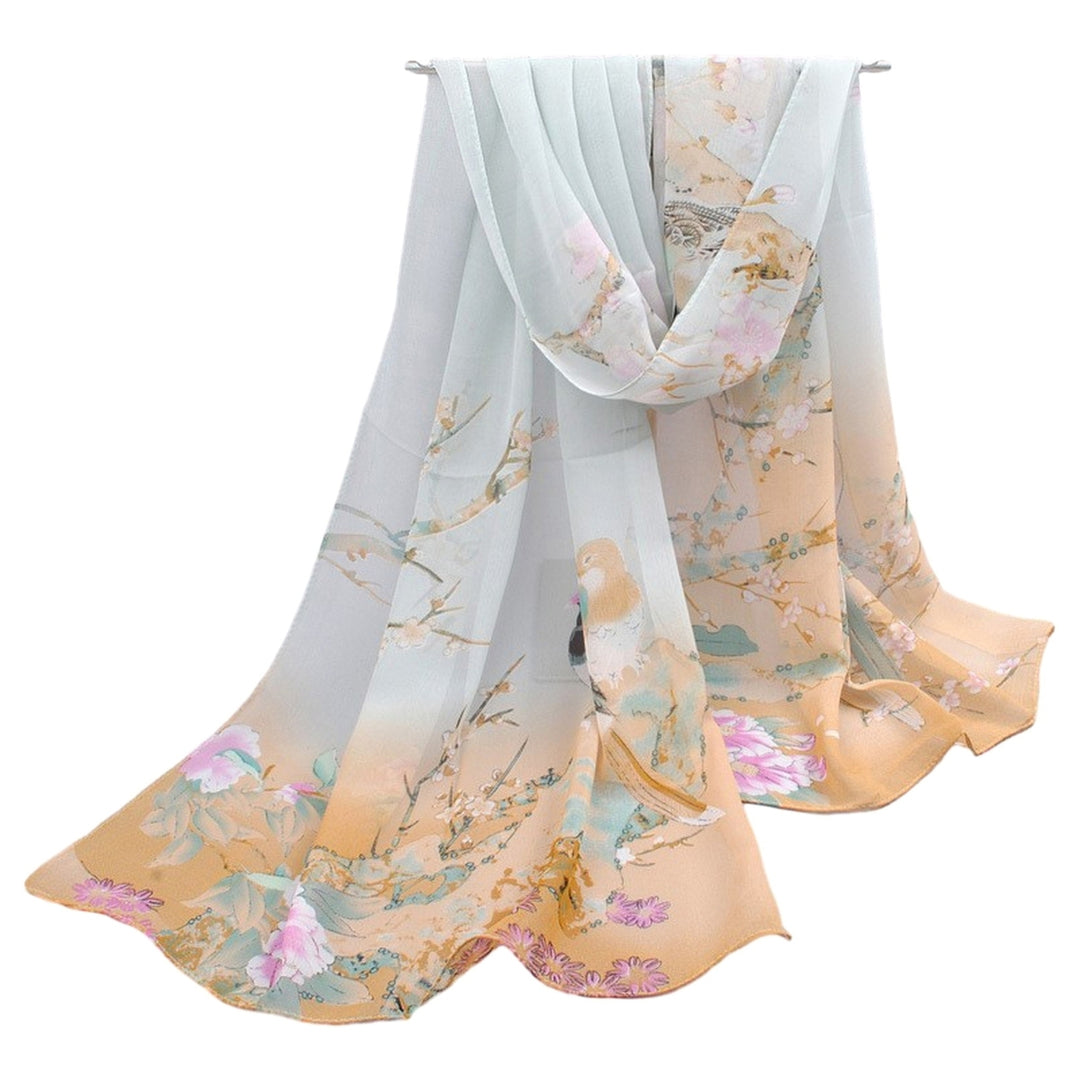 Chic Women Scarf Floral Print Bird Pattern Silky Colorful Wide Sunshade Chiffon Washable Travel Ladies Shawl Clothes Image 6