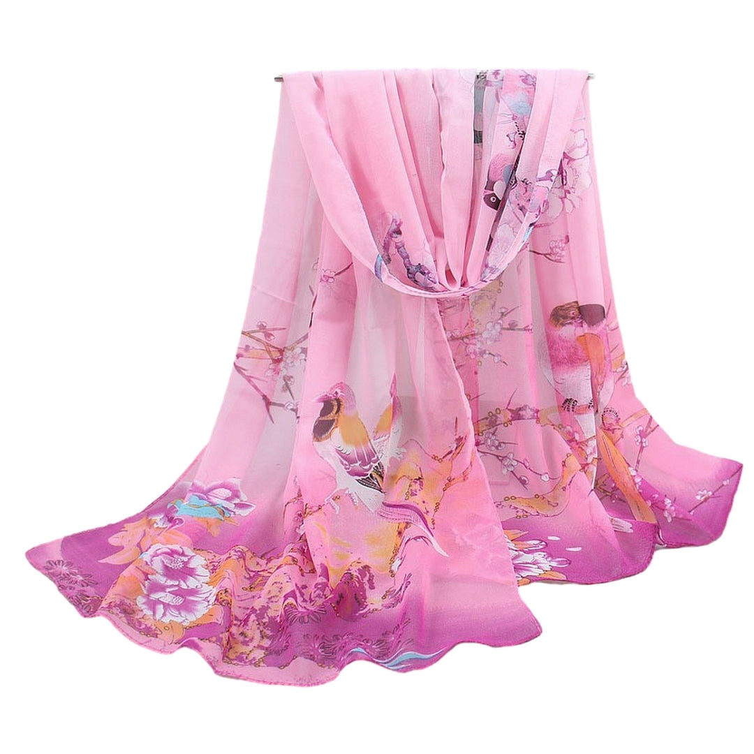 Chic Women Scarf Floral Print Bird Pattern Silky Colorful Wide Sunshade Chiffon Washable Travel Ladies Shawl Clothes Image 7