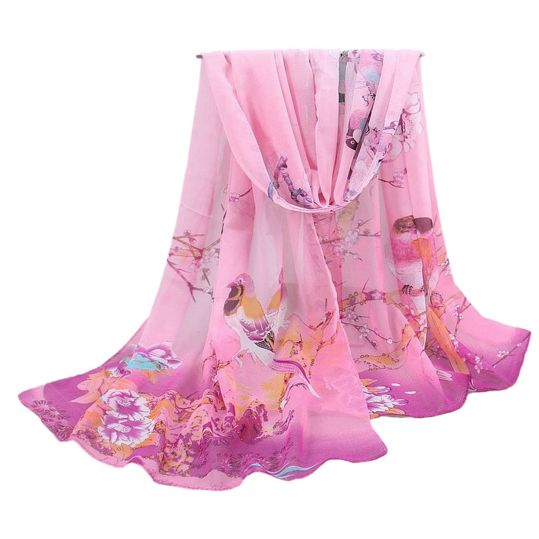 Chic Women Scarf Floral Print Bird Pattern Silky Colorful Wide Sunshade Chiffon Washable Travel Ladies Shawl Clothes Image 1