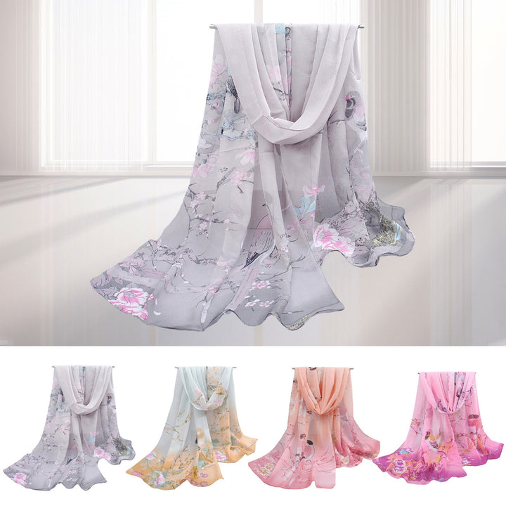 Chic Women Scarf Floral Print Bird Pattern Silky Colorful Wide Sunshade Chiffon Washable Travel Ladies Shawl Clothes Image 8
