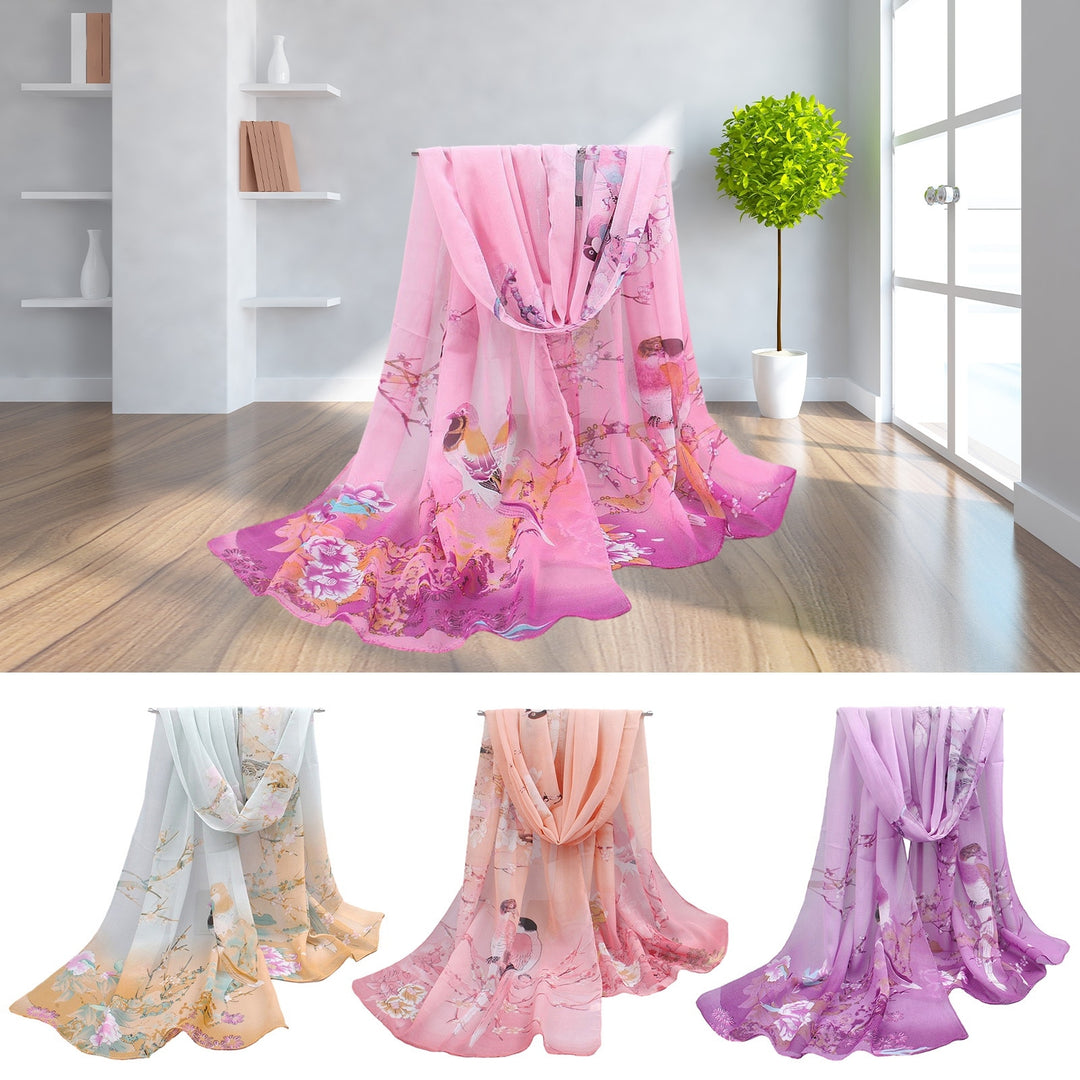 Chic Women Scarf Floral Print Bird Pattern Silky Colorful Wide Sunshade Chiffon Washable Travel Ladies Shawl Clothes Image 10