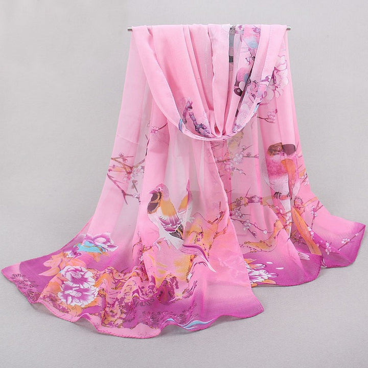 Chic Women Scarf Floral Print Bird Pattern Silky Colorful Wide Sunshade Chiffon Washable Travel Ladies Shawl Clothes Image 12