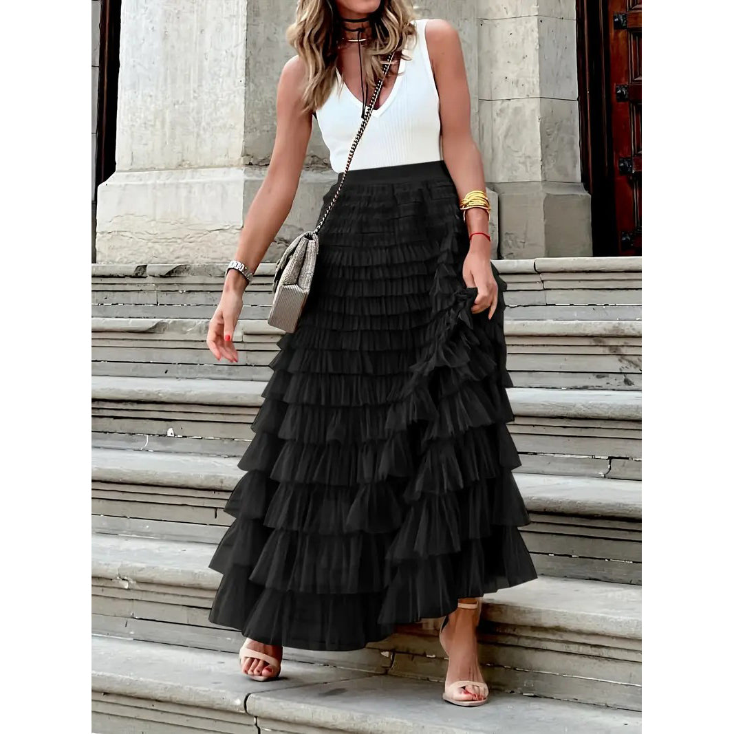 Solid Ruffle Trim Layered Mesh SkirtVersatile High Waist Maxi Skirt For Spring and FallWomens Clothing Image 3