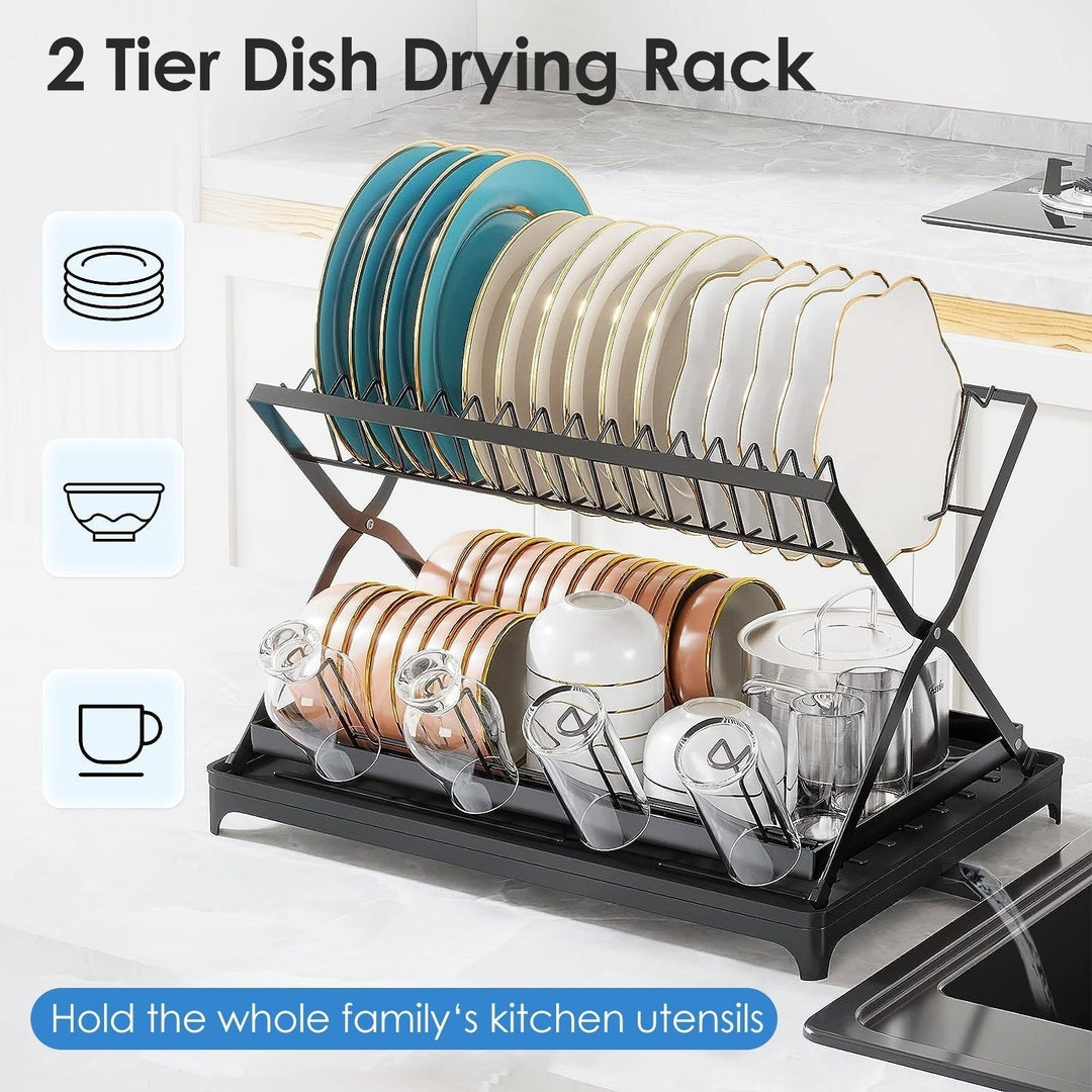 2 Tier Dish Drying Rack with Cup Holder Foldable Dish Drainer Shelf for Kitchen Countertop Rustproof Utensil Holder with Image 3