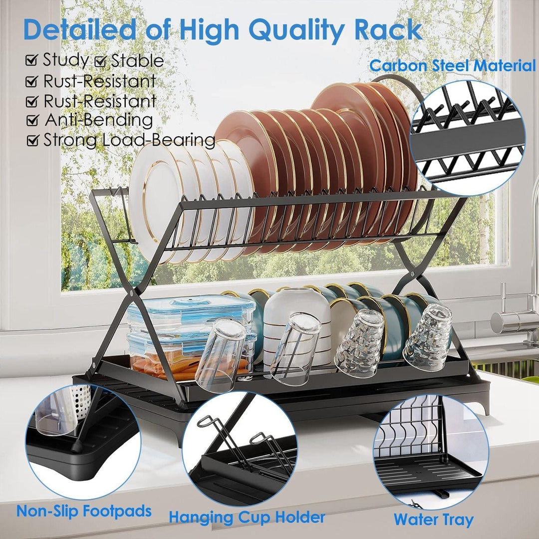 2 Tier Dish Drying Rack with Cup Holder Foldable Dish Drainer Shelf for Kitchen Countertop Rustproof Utensil Holder with Image 4