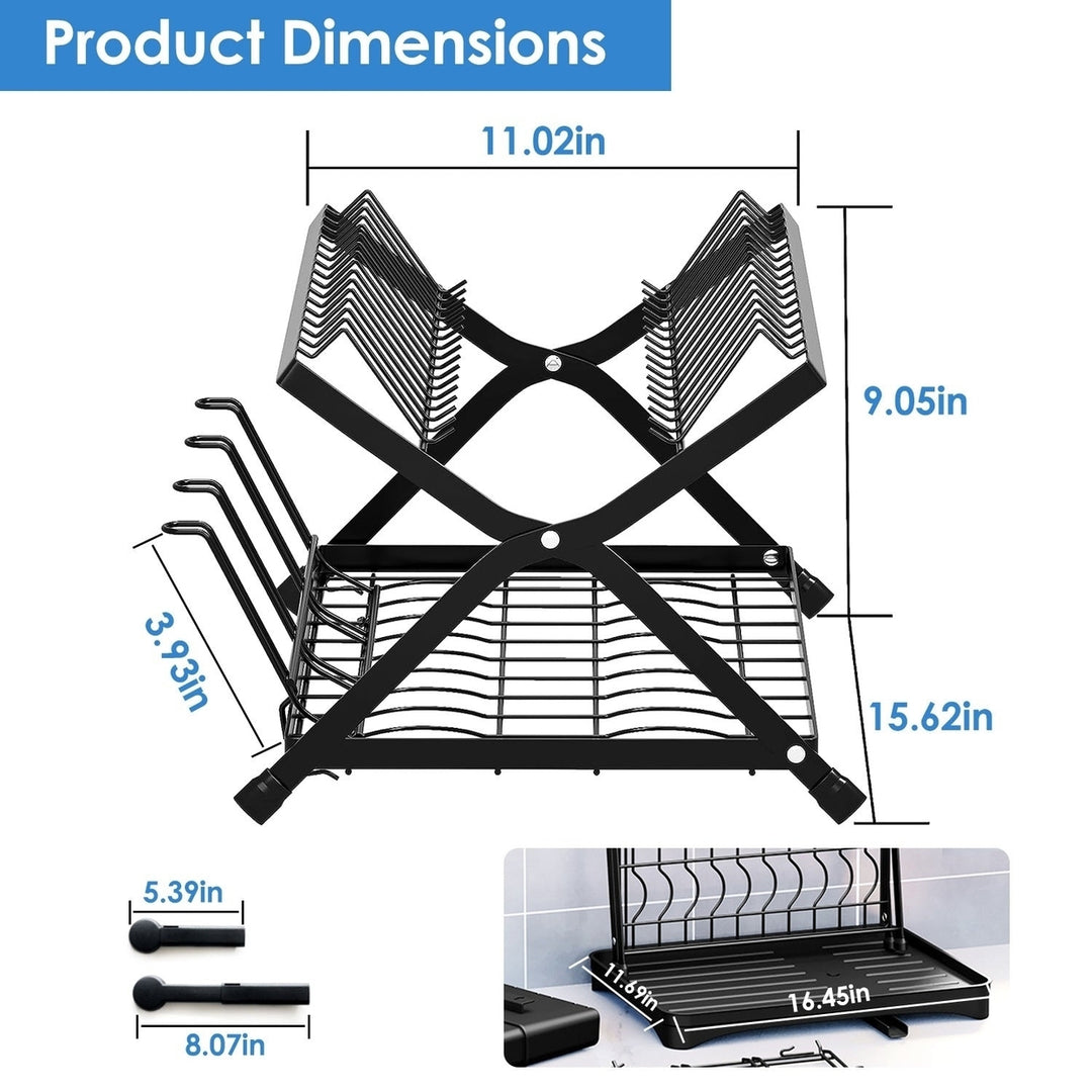 2 Tier Dish Drying Rack with Cup Holder Foldable Dish Drainer Shelf for Kitchen Countertop Rustproof Utensil Holder with Image 8