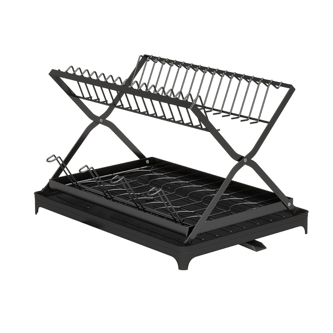 2 Tier Dish Drying Rack with Cup Holder Foldable Dish Drainer Shelf for Kitchen Countertop Rustproof Utensil Holder with Image 11