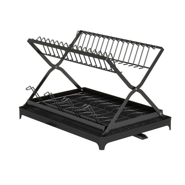 2 Tier Dish Drying Rack with Cup Holder Foldable Dish Drainer Shelf for Kitchen Countertop Rustproof Utensil Holder with Image 11
