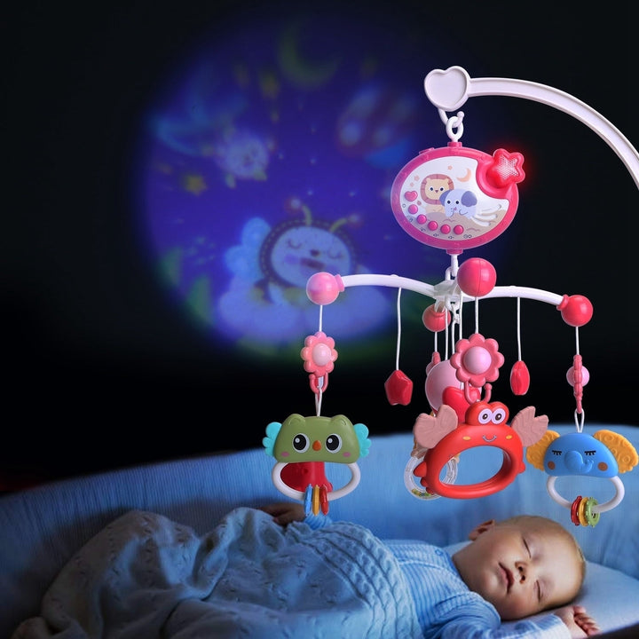 Baby Musical Crib Bed Bell Rotating Mobile Star Projection Nursery Light Baby Rattle Toy with Music Box Remote Control Image 9