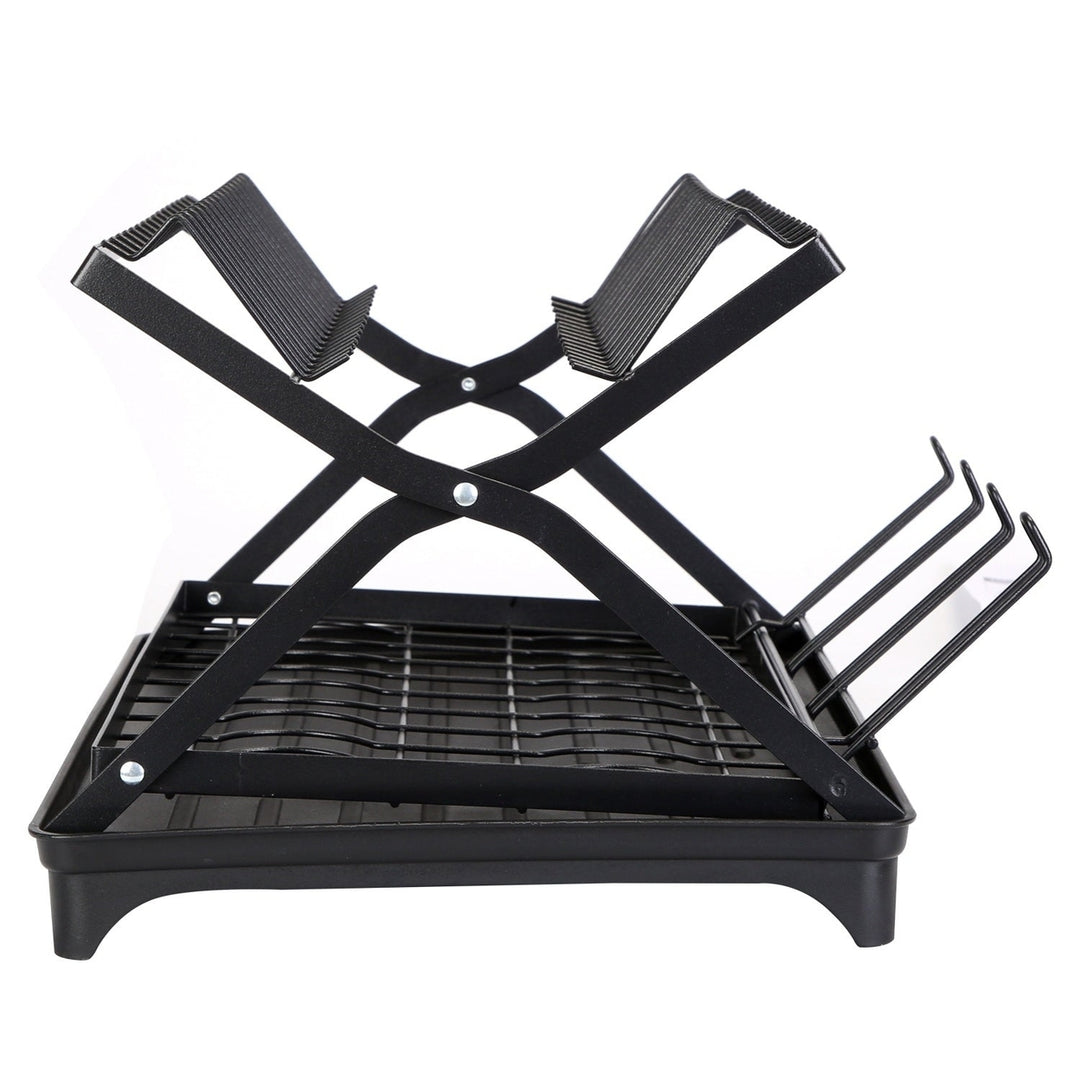 2 Tier Dish Drying Rack with Cup Holder Foldable Dish Drainer Shelf for Kitchen Countertop Rustproof Utensil Holder with Image 12