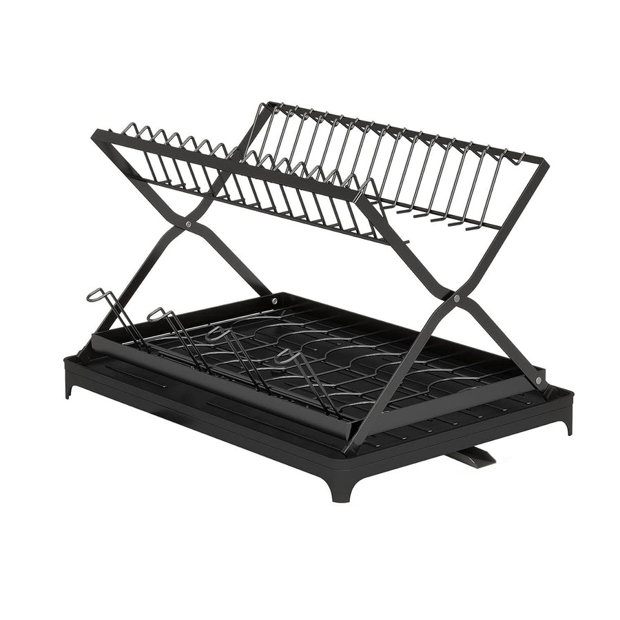 2 Tier Dish Drying Rack with Cup Holder Foldable Dish Drainer Shelf for Kitchen Countertop Rustproof Utensil Holder with Image 1