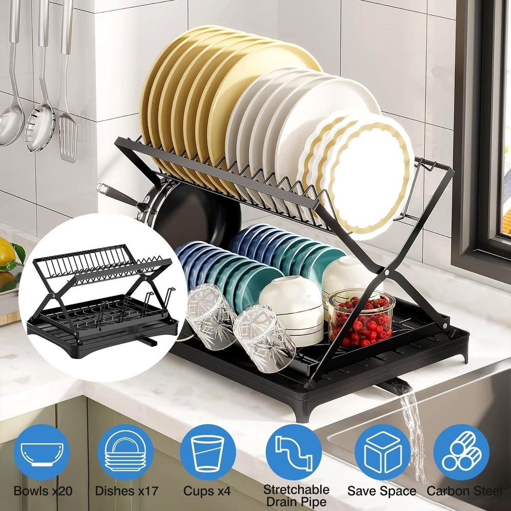 2 Tier Dish Drying Rack with Cup Holder Foldable Dish Drainer Shelf for Kitchen Countertop Rustproof Utensil Holder with Image 2