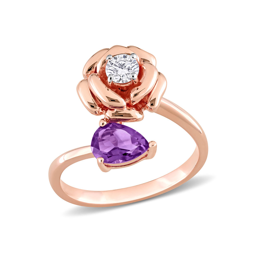 2/3 Carat (ctw) African Amethyst Flower Ring with White Topaz in Rose Plated Sterling Silver Image 1