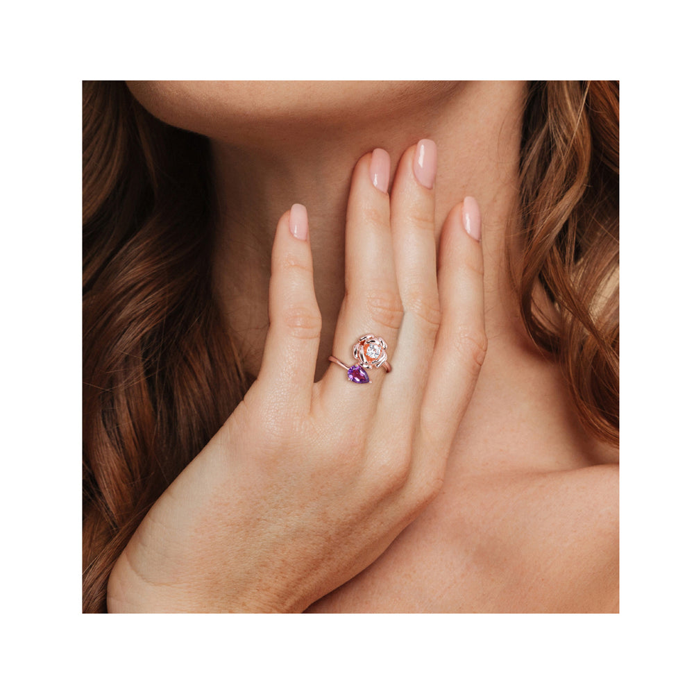 2/3 Carat (ctw) African Amethyst Flower Ring with White Topaz in Rose Plated Sterling Silver Image 2