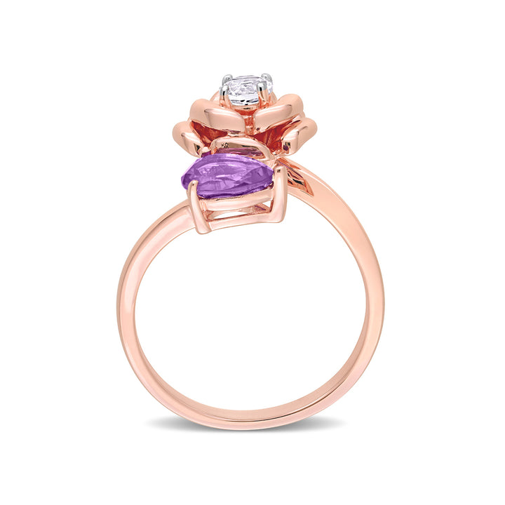 2/3 Carat (ctw) African Amethyst Flower Ring with White Topaz in Rose Plated Sterling Silver Image 3
